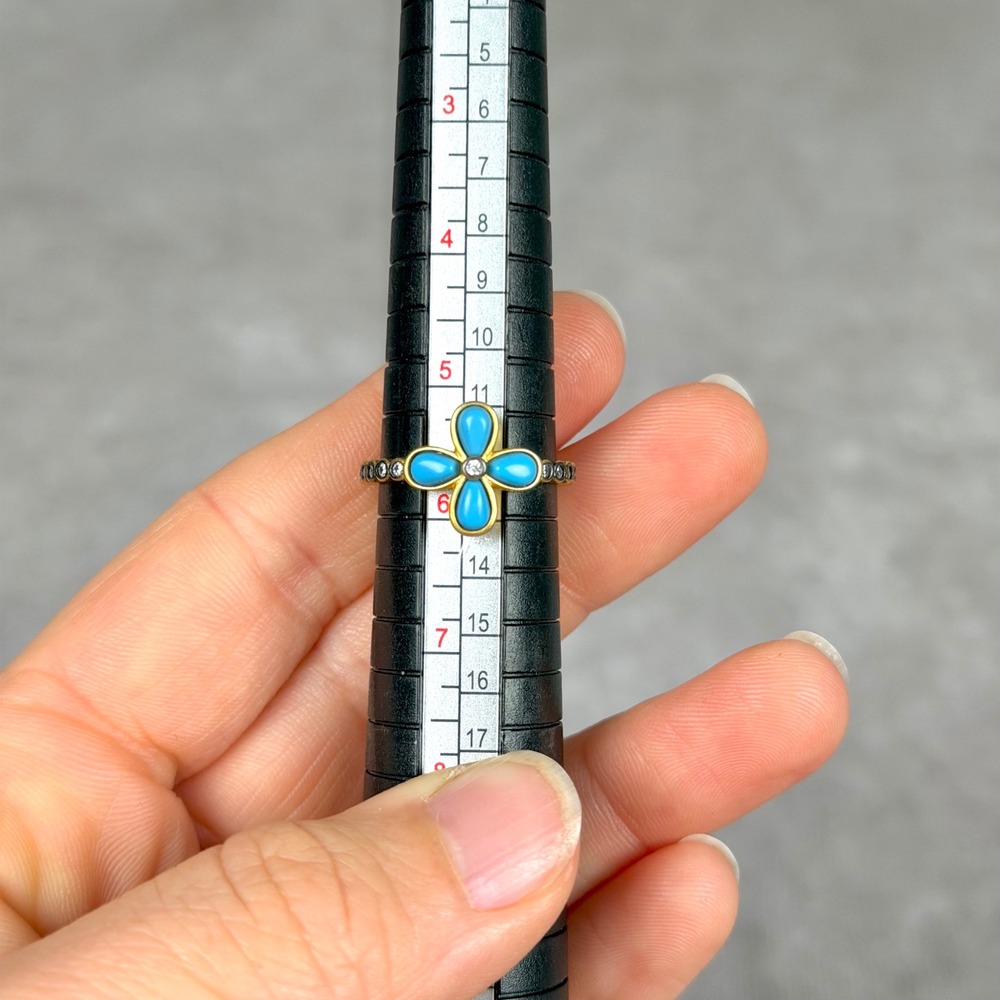 Freida Rothman Turquoise Clover Two Tone Sterling Silver Stackable Ring Sz 5.75